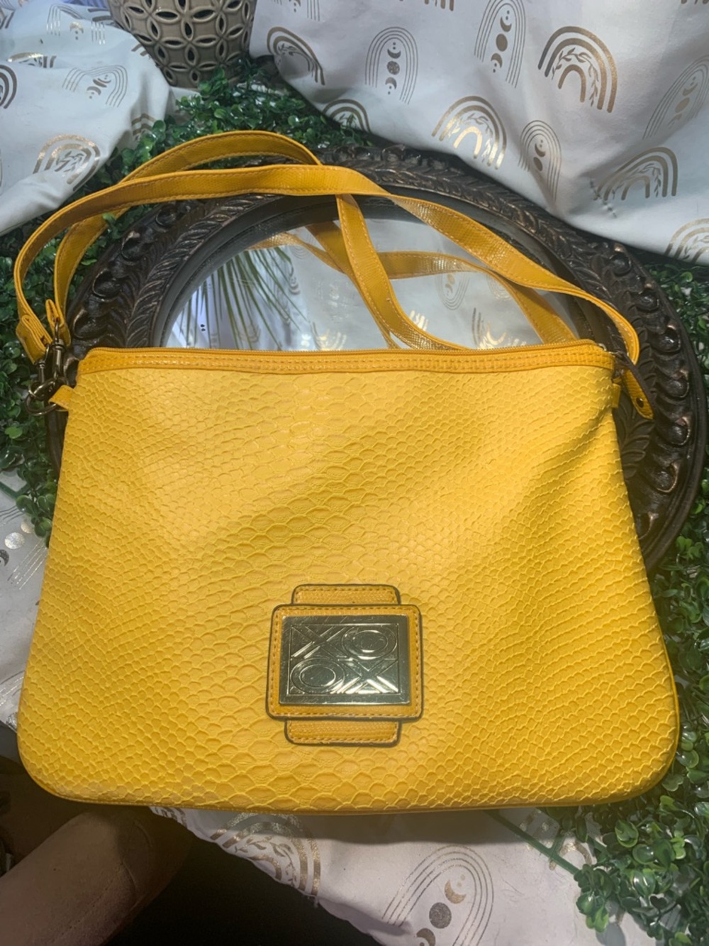XOXO Yellow Textured Crossbody Bag with Gold Accent Plate